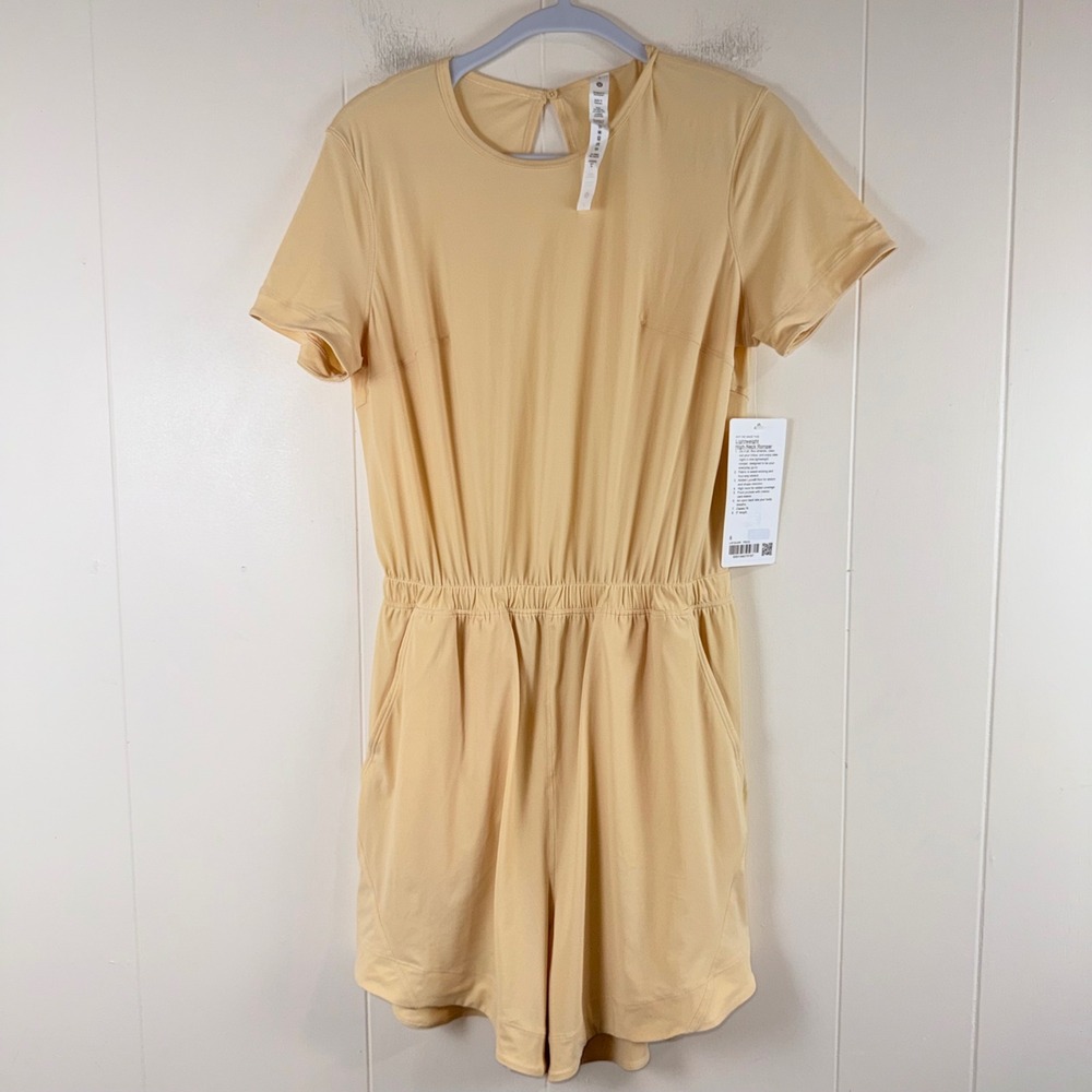 Lululemon Lightweight High Neck Romper Size 6 Tan Short Sleeve Open Back Pockets